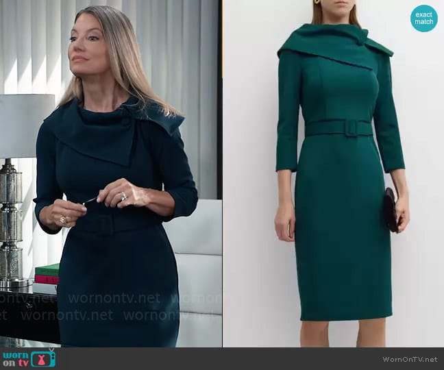 Badgley Mischka Collection Reo Belted 3/4-Sleeve Sheath Dress in Forest worn by Nina Reeves (Cynthia Watros) on General Hospital