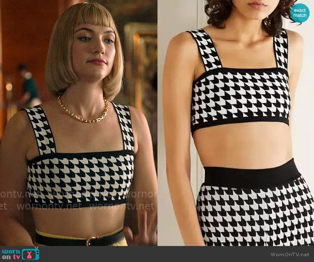 Balmain Cropped Houndstooth Stretch-knit Top worn by Imogene (Violett Beane) on Death and Other Details