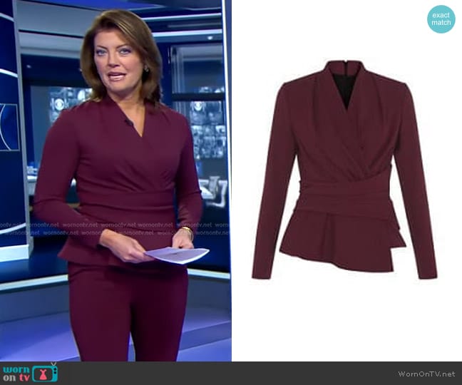 The Fold Adelaide Top in Plum Sculpt Stretch Crepe worn by Norah O'Donnell on CBS Evening News