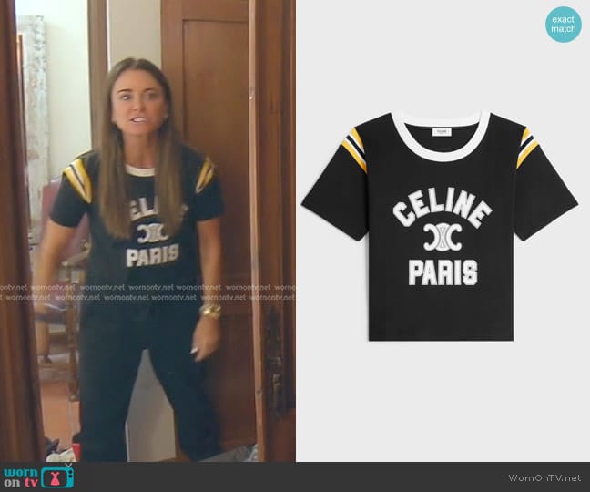 Celine Paris T-Shirt in Cotton Jersey Blac/Yellow/White worn by Kyle Richards on The Real Housewives of Beverly Hills