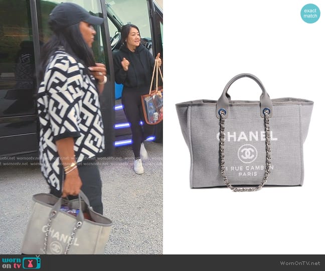 Chanel Canvas Deauville Large Tote in Grey worn by Annemarie Wiley on The Real Housewives of Beverly Hills