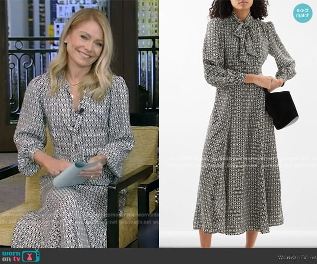 Kelly’s black printed tie neck dress on Live with Kelly