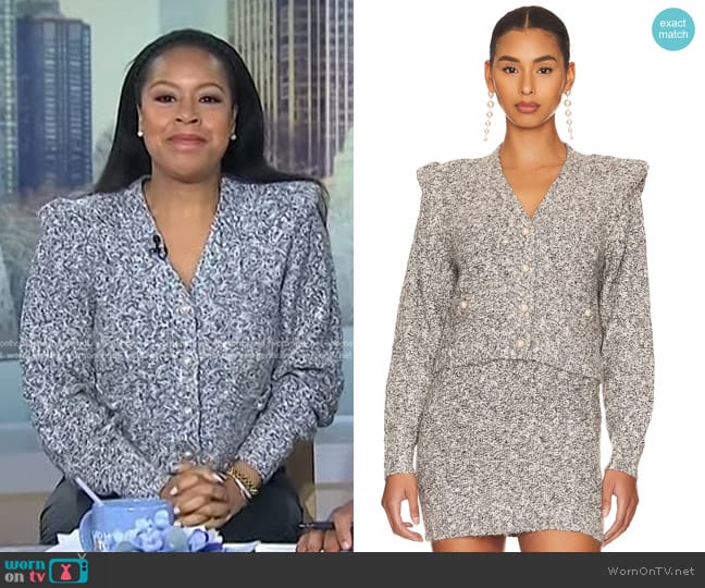 Central Park West Lennon Tweed Cardigan in Steel Grey worn by Sheinelle Jones on Today