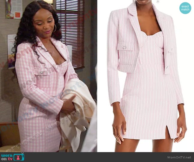 Barbie the Movie x Aqua Checked Bustier Mini Dress and Blazer worn by Chanel Dupree (Raven Bowens) on Days of our Lives