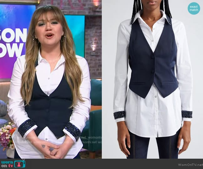 Cinq a Sept Ellery Beaded Trim Shirt worn by Kelly Clarkson on The Kelly Clarkson Show