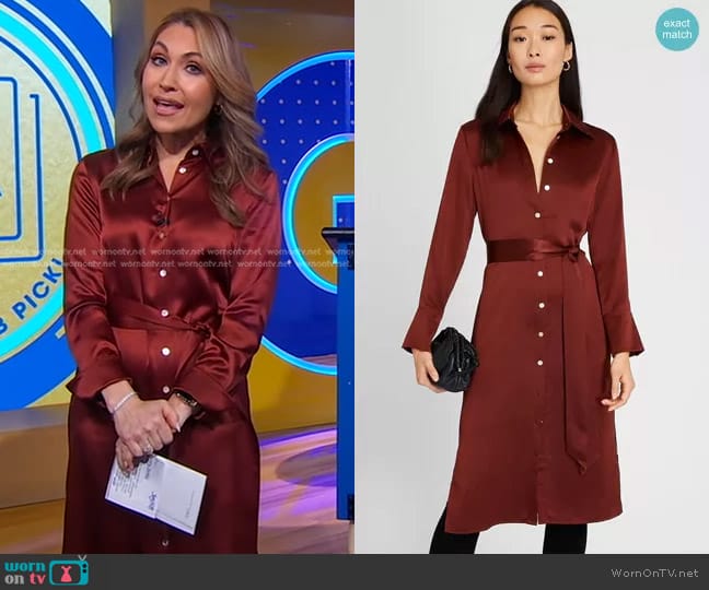 Club Monaco Midi Silk Charmeuse Shirt Dress in Smoked Paprika worn by Lori Bergamotto on Good Morning America