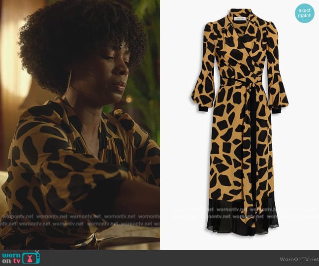 Diane von Furstenberg Giraffe-print wrap midi dress worn by Alexandra Hochenberg (Tamberla Perry) on Death and Other Details