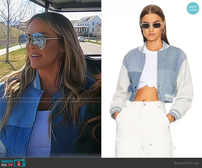 Eb Denim Cropped Varsity Jacket worn by Whitney Rose on The Real Housewives of Salt Lake City