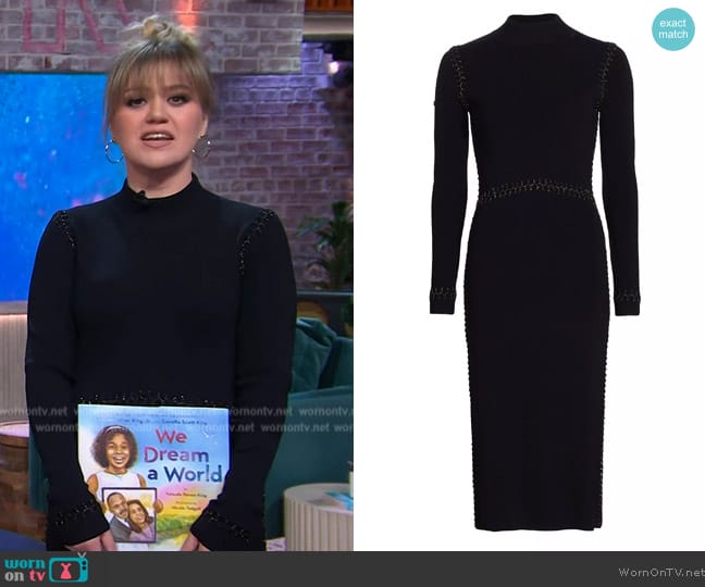 Elie Tahari The Azure Mock-Neck Midi Sweater Dress worn by Kelly Clarkson on The Kelly Clarkson Show