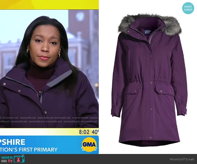 Land's End Expedition Down Waterproof Winter Parka in Blackberry worn by Rachel Scott on Good Morning America