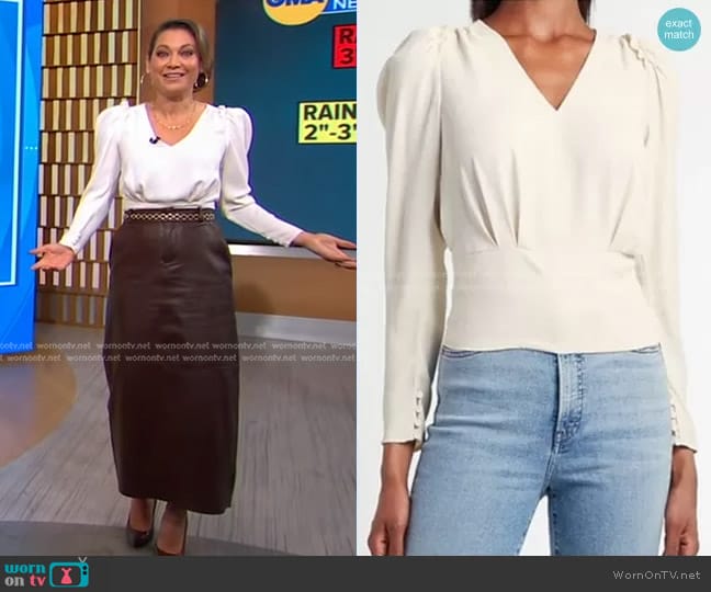 Express Solid Puff Sleeve V-Neck Top in white worn by Ginger Zee on Good Morning America