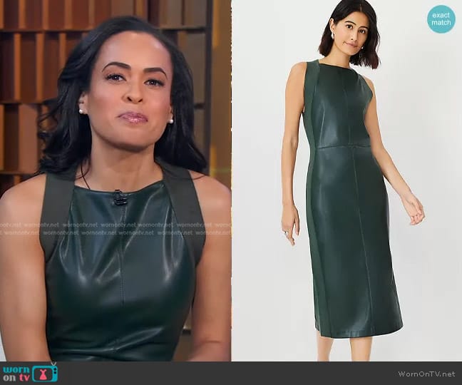 Ann Taylor Faux Leather Mixed Media Sweater Dress in Boxwood Green worn by Linsey Davis on Good Morning America