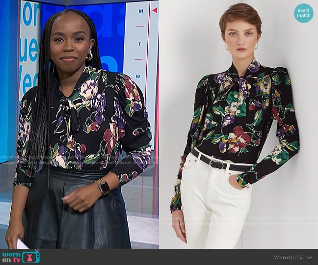 Ralph Lauren Floral Pleated Jersey Tie-Neck Top worn by Zinhle Essamuah on NBC News Daily