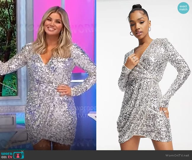 Ever New Wrap front sequin mini dress in silver worn by Amber Lancaster on The Price is Right