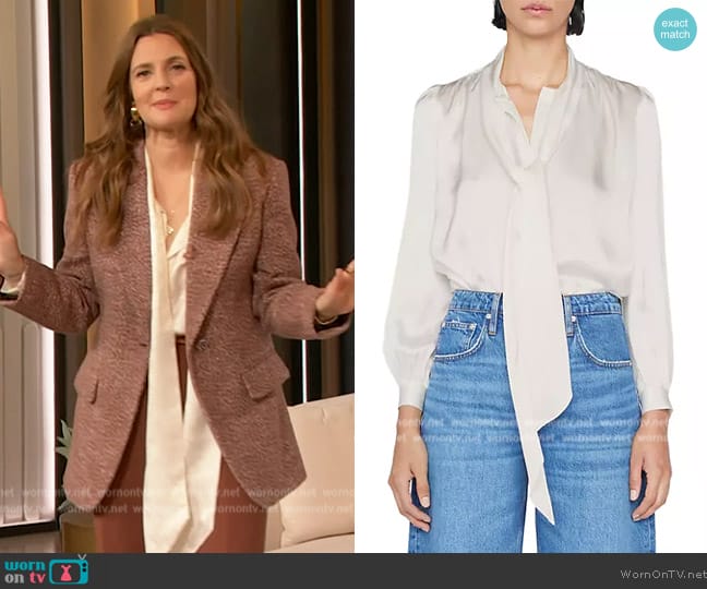 Frame Tie-Neck Long Sleeve Silk Blouse worn by Drew Barrymore on The Drew Barrymore Show