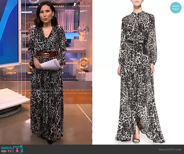 Michael Kors Fremont Tie-Neck Animal-Print Maxi Dress worn by Vicky Nguyen on NBC News Daily