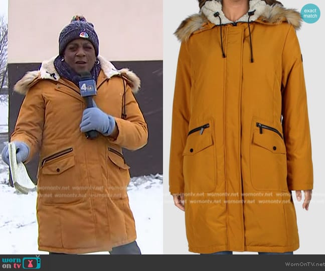 French Connection Orange Hooded Faux-Fur Down Parka Jacket worn by Pat Battle on NBC News Daily