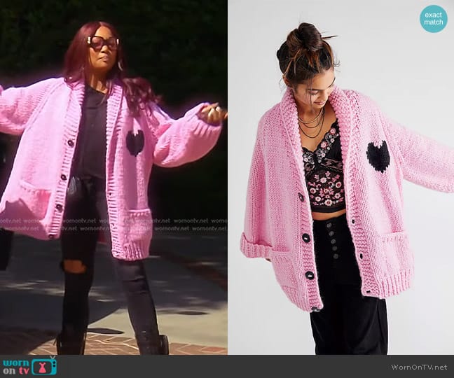 Gogo Sweaters Heart Cardi Bubble Gum worn by Garcelle Beauvais on The Real Housewives of Beverly Hills