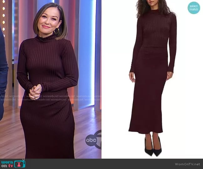 Good American Shine Wide Rib Midi Dress in Malbec worn by Eva Pilgrim on Good Morning America