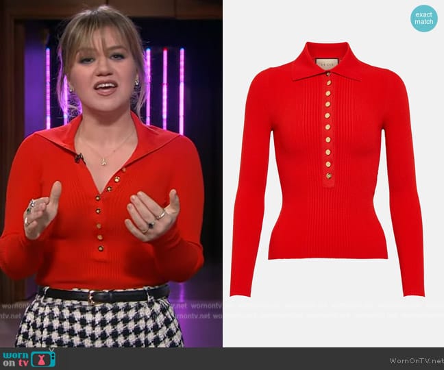 Gucci Ribbed-knit polo sweater worn by Kelly Clarkson on The Kelly Clarkson Show