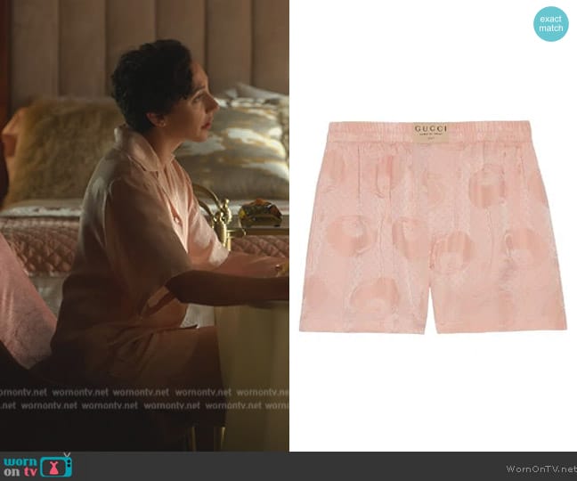 Gucci Poppy-Print Silk Boxer Shorts worn by Anna (Lauren Patten) on Death and Other Details