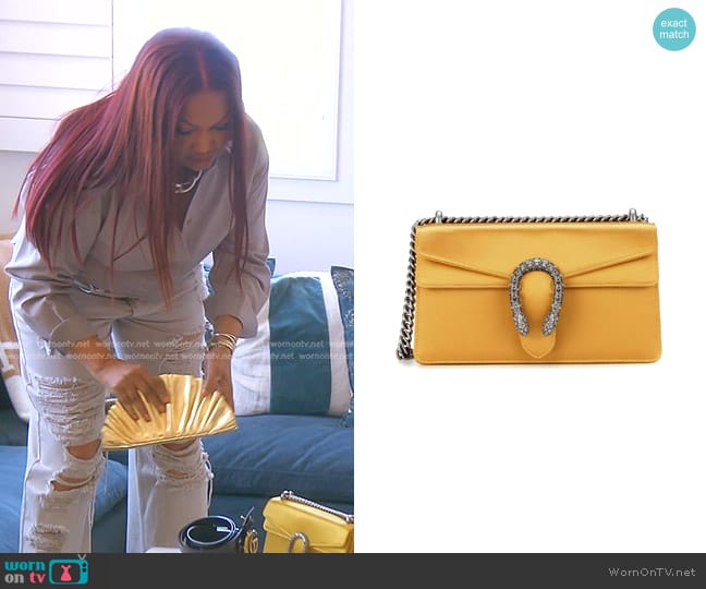 Gucci Dionysus Mini Satin Shoulder Bag in Yellow worn by Garcelle Beauvais on The Real Housewives of Beverly Hills