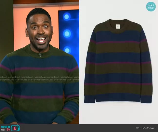 H&M Knit Sweater in Khaki Green/Dark Blue worn by Justin Sylvester on Today