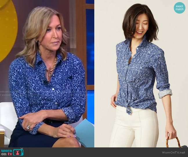 J.McLaughlin Lois Shirt in Beatriz Spot Blue worn by Lara Spencer on Good Morning America