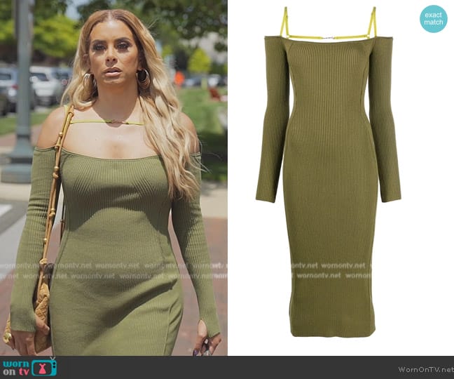 Jacquemus La Robe strap-detail ribbed-knit midi dress worn by Robyn Dixon on The Real Housewives of Potomac