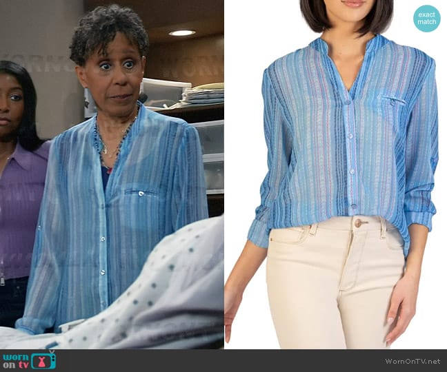 Kut From The Kloth Jasmine Top in Colmar Stripe-Soft Denim worn by Stella Henry (Vernee Watson) on General Hospital