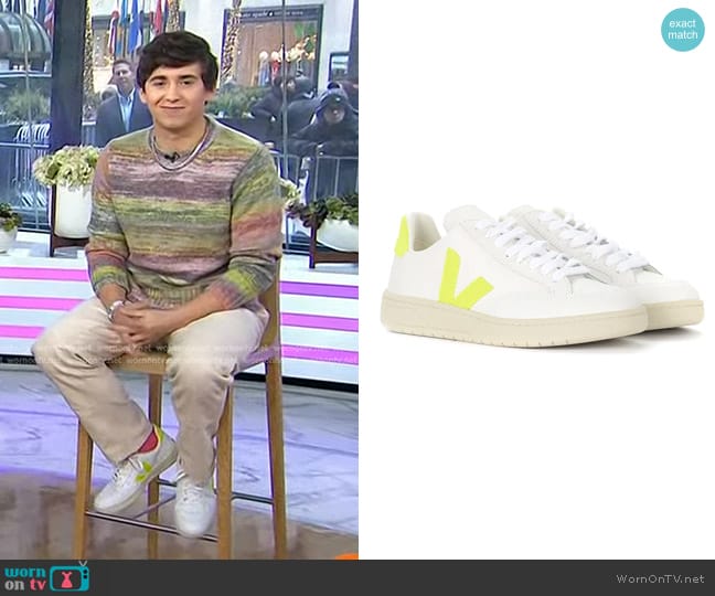 Veja V-12 Leather Sneakers in Extra White Neon Green worn by Marcello Hernandez on Today