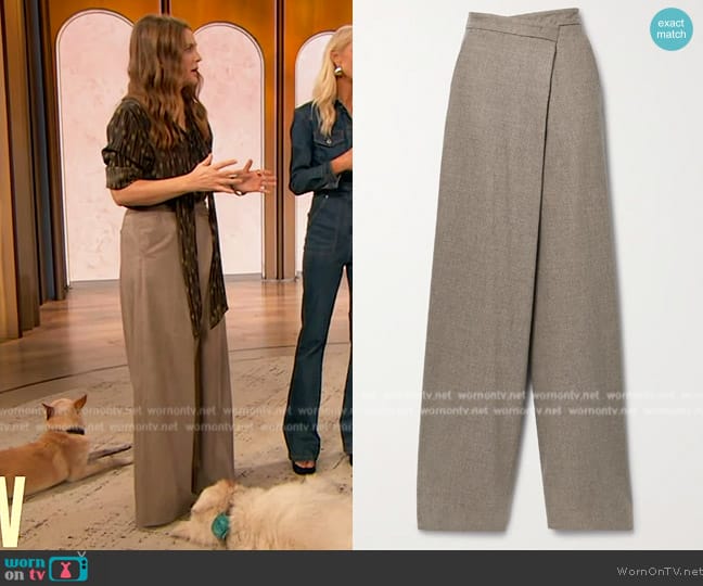 Max Mara Dallas asymmetric wool wide-leg pants worn by Drew Barrymore on The Drew Barrymore Show