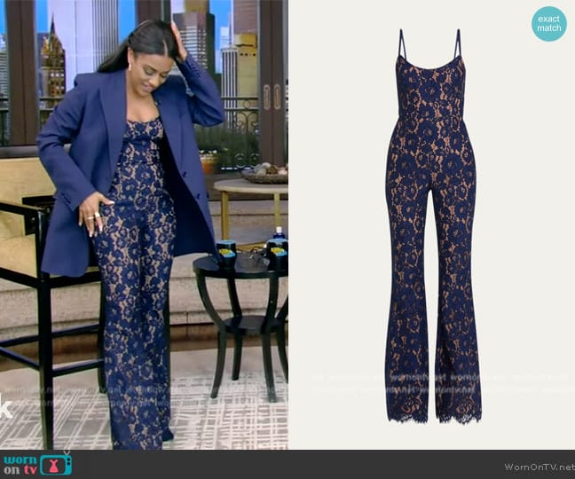 Michael Kors Collection Lace Flare Jumpsuit worn by Ariana DeBose on Live with Kelly and Mark