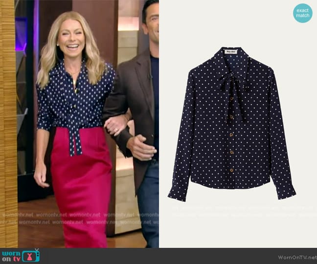 Miu Miu Polka-Dot Silk Scarf-Neck Shirt worn by Kelly Ripa on Live with Kelly and Mark