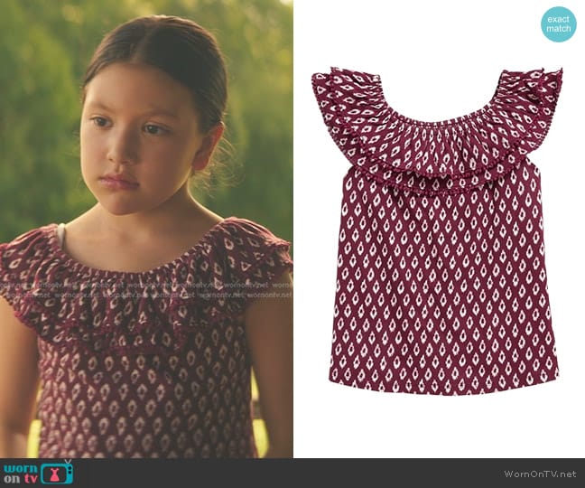 Old Navy Off-Shoulder Pom-Pom-Trim Top for Girls in Crimson Cranberry worn by Maya Lopez (Alaqua Cox) on Echo