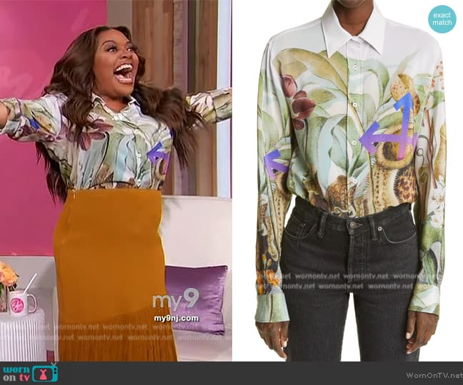 Off-White Botanical Print Silk Button-Up Shirt worn by Sherri Shepherd on Sherri