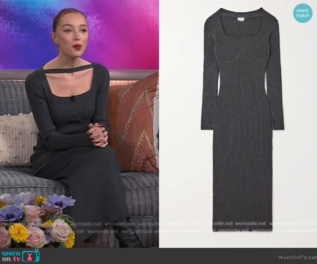 Patou Ribbed corset maxi dress in sustainable wool blend worn by Phoebe Dynevor on The Kelly Clarkson Show