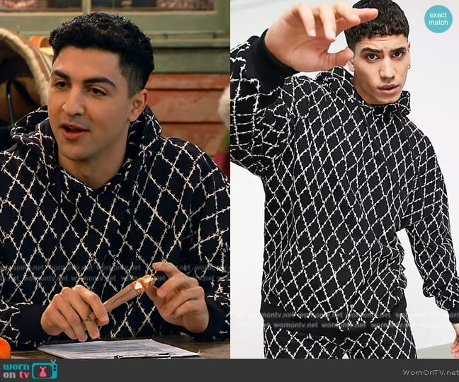 Asos Roadies all-over print hoodie in black worn by Parker Preston (Trevor Tordjman) on Bunkd