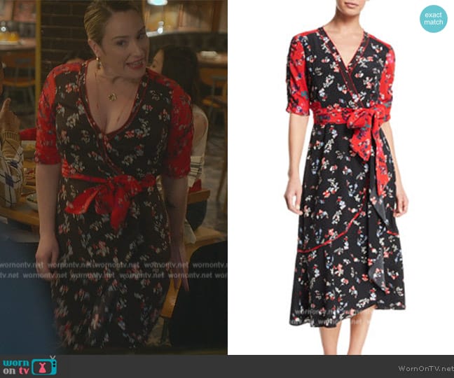 Tanya Taylor Blaire Floral-Print Silk Short-Sleeve Wrap Dress worn by Davia (Emma Hunton) on Good Trouble