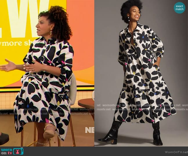 Maeve The Bettina Tiered Midi Shirt Dress worn by Damona Hoffman on The Drew Barrymore Show