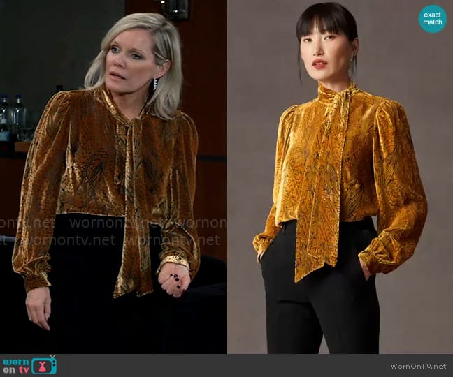 The Fold Ellerby Blouse Gold Velvet Devore worn by Ava Jerome (Maura West) on General Hospital