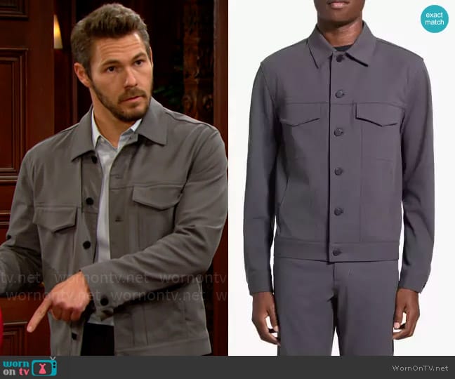 Theory River Cotton Blend Twill Trucker Jacket in Dark Grey worn by Liam Spencer (Scott Clifton) on The Bold and the Beautiful