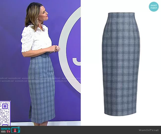 Thom Browne Plaid Wool-Blend Midi-Skirt in Deep Blue worn by Savannah Guthrie on Today