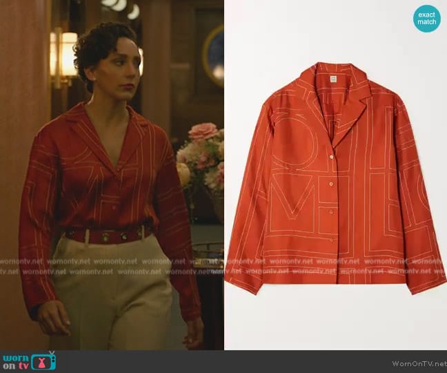 Toteme Embroidered silk-twill shirt in Orange worn by Anna (Lauren Patten) on Death and Other Details