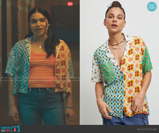 Urban Outfitters Gardenia Souvenir Button-Down Top in Blue Multi worn by Bonnie (Devery Jacobs) on Echo