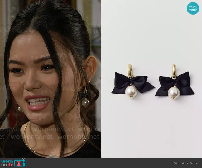 Urban Outfitters Pearl Bow Mini Hoop Earring worn by Luna (Lisa Yamada) on The Bold and the Beautiful