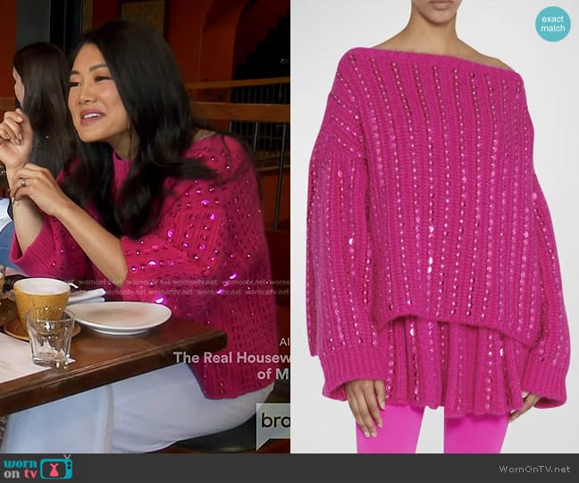 Valentino Garavani Off-The-Shoulder Sequin Rib Sweater worn by Crystal Kung Minkoff on The Real Housewives of Beverly Hills