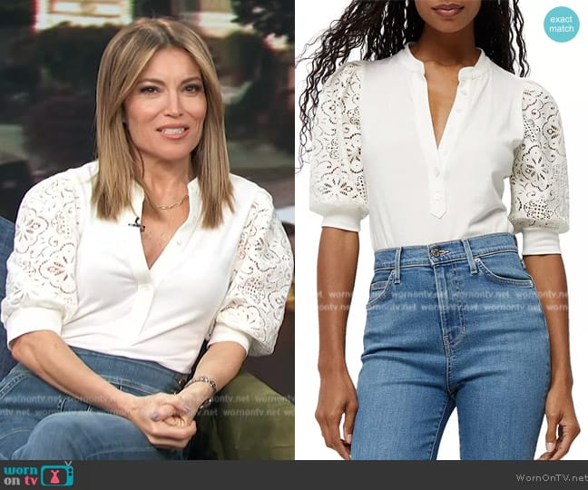 Veronica Beard Coralee Knit Button-Front Eyelet Sleeve Top worn by Kit Hoover on Access Hollywood