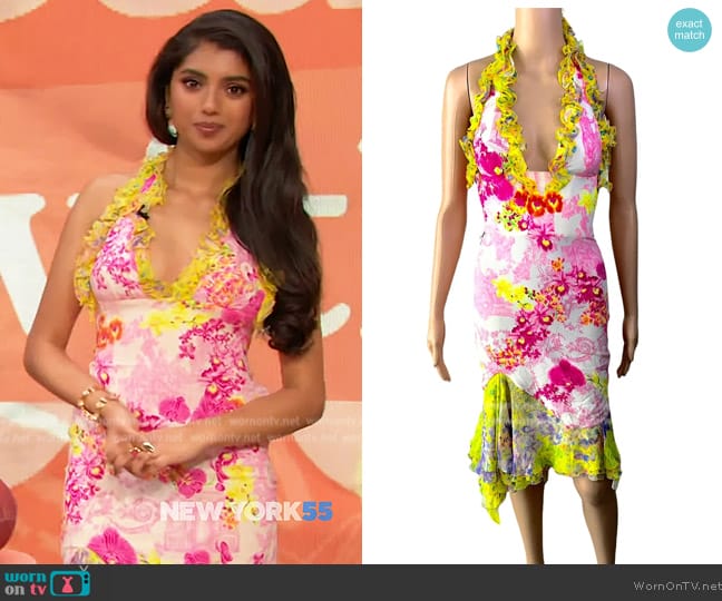 Versace Floral Print Ruffle Plunging Neckline Low Back Dress worn by Avantika Vandanapu on The Drew Barrymore Show