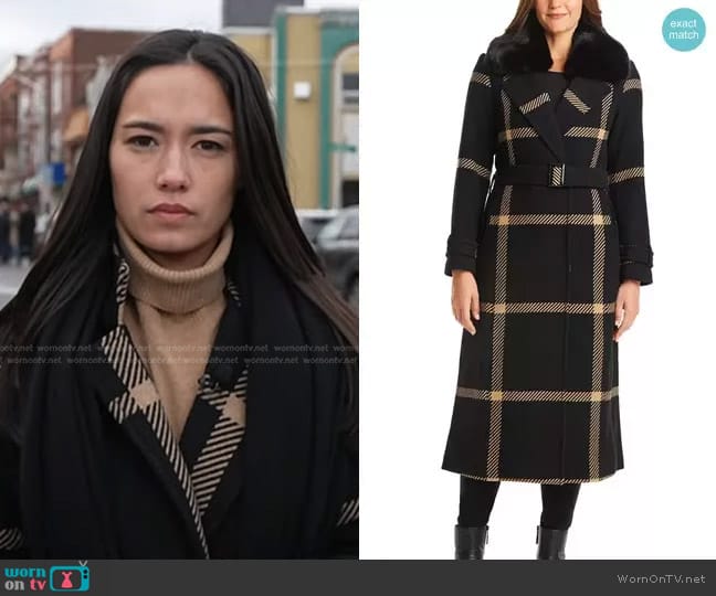 Vince Camuto Faux-Fur-Collar Plaid Maxi Wrap Coat in Black worn by Emilie Ikeda on NBC News Daily